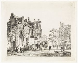 Stadsbild med hästvagn av Cornelis Springer