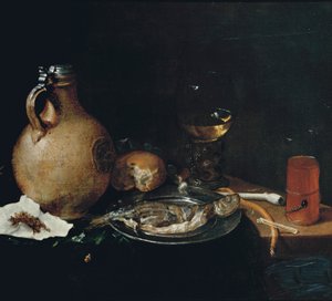 En lerkärl, tobak i ett papper, en bulle, en vit lerpipa, en roemer, skivad sill på en tennplatta och ett kometenglas på ett delvis draperat träbord, 1664 av Cornelis Stangerus