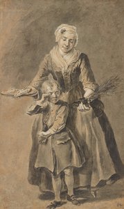 En kvinna visar en gråtande pojke hans sko med strömbrytare av Cornelis Troost