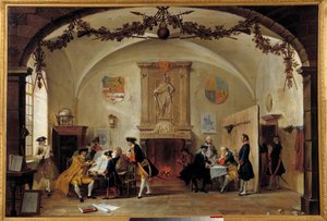 Allegori om krig mot Frankrike Nederländska soldater studerar strategier under det spanska tronföljdskriget (1701-1714) mellan Frankrike och Spanien och en koalition bildad av England, Nederländerna och Preussen. Målning av Cornelis Troost (1697-1750) 1747 av Cornelis Troost