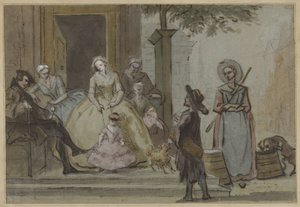 Hurdy-gurdy-spelare för en lyssnande familj på tröskeln till ett stadshus av Cornelis Troost