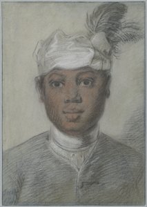 Huvudet av en svart ung man med fjäderturban