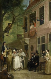 Vilseledd: Rascals ambassadör avslöjar sig själv från fönstret på "t Bokki Tavern i Haarlemmerhout, ca 1739