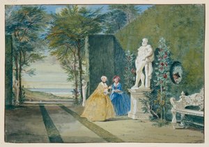 Parkvy med två unga damer bredvid en staty av Herkules av Cornelis Troost
