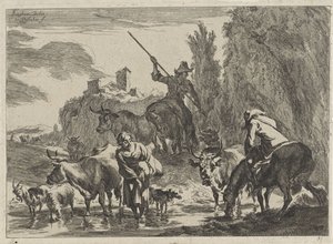 Herdar med boskap vadar en bäck Landskap (serietitel) av Cornelis Visscher (II)