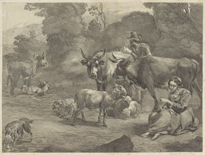 Landskap med en herde och en sömnad herdinna av Cornelis Visscher (II)