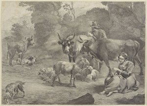 Landskap med en herde och en sömnad herdinna av Cornelis Visscher (II)