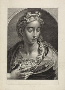 Athena, från Cabinet Reynst; Variarum imaginum a celeberrimis artificibus pictarum Caelaturae (Cabinet Reynst: Gravyrer av olika bilder målade av berömda konstnärer) av Cornelis Visscher