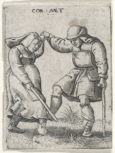 En man med en bandagerad fot dansar med en kvinna, 1572 (gravyr på lagt papper)