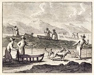 Ryssar som reser med hundspann i Sibirien.”, från ’Voyages de Corneille le Brun’. 1718 av Cornelis de Bruyn