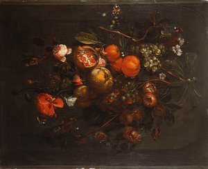 En bukett med frukt och blommor som hänger från en spik i en nisch av Cornelis de Heem