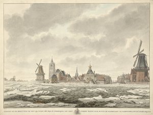 Utsikt över ockupationen av isen utanför Waterpoort i Gorinchem, den 20 februari 1799 av Cornelis de Jonker