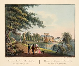 Lustslot i Soestdijk, sett från trädgården. Maison de plaisance de Soestdijk prize du coté du jardin, 1825 (handfärgad gravyr)