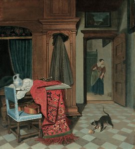 Interiör med en matta, ett svärd och en kanna på ett bord, en cello på en stol, en kappa som hänger i ett skåp, en katt som leker med en boll, en hembiträde bortom