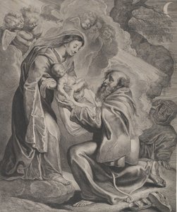 Visionen av den helige Franciskus, som knäböjer till höger, tar emot Kristusbarnet från Jungfrun..., 1650.