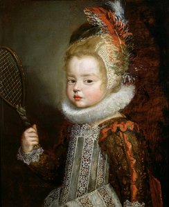 Ett porträtt av ett barn som håller ett racket (olja på panel) av Cornelis de Vos