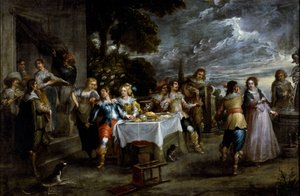 Historien om den förlorade sonen: försvinnande. Målning av Cornelis De Wael (1592-1667), cirka 1630-1639. flamländsk konst. Olja på duk. Mått: 57x86cm. Gener, Privee Collection.