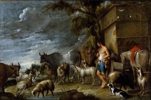 Målning av Cornelis De Wael (1592-1667), cirka 1630-1639. flamländsk konst. Berättelsen om den förlorade sonen: grisarnas vakt. Flockskötare med gris, belier, get, ko, get, häst, hund och får. Olja på duk. Mått: 57x86cm. Privat samling, Genes