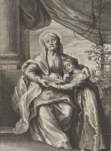 Jungfruns utbildning, med Saint Anne sittande på en bänk och tittar uppåt och ..., ca. 1645-78. av Cornelis van Caukercken