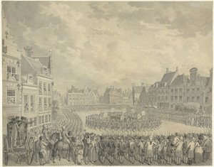 Svära in i kommissionärsstyrelsen av skytteofficerarna på Neude i Utrecht, 1786 av Cornelis van Cuylenburgh (II) (signed by artist)