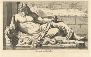 Staty av Neptunus vid fontänen på Capitolium i Rom Neptunus i Capitolio (titel på objekt) Eigenlyke-bilder av hundra av de mest kända statyerna eller antika statyerna som står i Rom (serietitel) av Cornelis van Dalen (I)