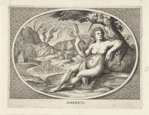 Kvinnlig personifiering av Amerika som en kvinna med en huvudbonad av fjädrar och en pil i ett landskap Amerika (titel på objekt) av Cornelis van Dalen (II)