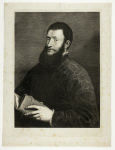 Porträtt av poeten Pietro Aretino, från Cabinet Reynst; Variarum imaginum a celeberrimis artificibus pictarum Caelaturae (Cabinet Reynst: Gravyrer av olika bilder målade av berömda konstnärer) av Cornelis van Dalen II