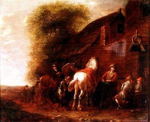 Ryttare utanför ett värdshus i en by av Cornelis van Essen