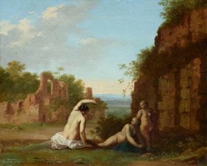 Romerskt landskap med nymfer av Cornelis van Poelenburch