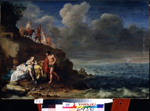 Dionysos och Ariadne på ön Naxos. (Bacchus och Ariadne på ön Naxos). Målning av Cornelis Van Poelenburgh (1594/95-1667) Olja på trä. Konst i holländsk barockstil. Statens friluftsmuseum Pavlovsk-palatset, Sankt Petersburg.
