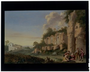 Kortskärp i ett landskap av Cornelis van Poelenburgh or Poelenburch