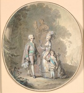 Gustav III, drottning Sophie Magdalena och kronprins Gustav Adolph strosar i Hagaparken. av Cornelius Høyer