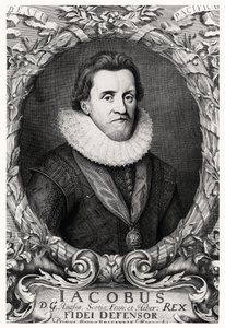 Porträtt av James I, kung av Storbritannien, graverat av R.White, 1669 av Cornelius I after Johnson