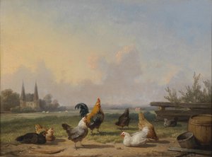 Kycklingar framför ett brett landskap av Cornelius Van Leemputten