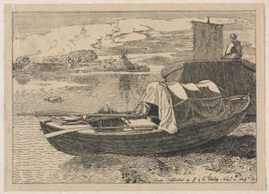 Båtar på en flod, väderkvarn på avstånd av Cornelius Varley