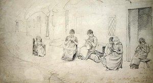 Barn utanför sin skola på Market Hill, Irland av Cornelius Varley