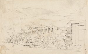 Studie av en stenmur och en port av Cornelius Varley