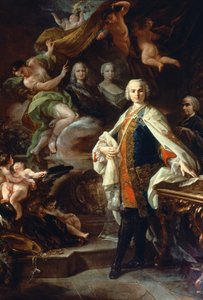Den italienske kastraten Carlo Farinelli (Carlo Broschi, dit; 1705 - 1782), vid Filip II:s hov av Spanien, iklädd den vita rocken av Calatravaorden. Målning av Corrado Giaquinto (1703-1766), Civic Museum of Bibliographic Music, Bologna.
