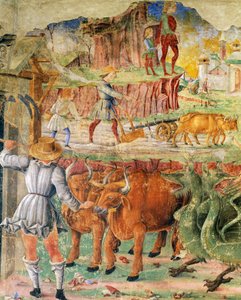 Jordbruksbild, detalj från Triumf av Ceres, scen från augusti månad, ca 1470, tillskriven Cosimo Tura och Mästare i Ercole, fresk, norra väggen, Månadernas Hall, Palazzo Schifanoia (Glädjepalatset), Ferrara, Emilia- Romagna. Italien