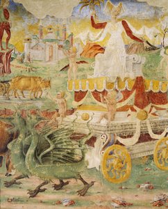 Ceres vagn dragen av drakar, detalj från Triumph of Ceres, scen från Augusti månad, tillskriven Cosimo Tura (cirka 1430-1495) och Master of Ercole, fresk, norra väggen, Hall of Months, Palazzo Schifanoia (Glädjepalatset) , Ferrara, Italien, cirka 1470