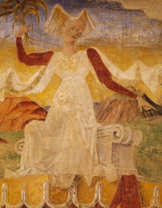 Ceres med majsöron i händerna, detalj från Triumph of Ceres, scen från Augusti månad, ca 1470, tillskriven Cosimo Tura, och Master of Ercole, fresk, norra väggen, Hall of Months, Palazzo Schifanoia, Ferrara, Emilia- Romagna, Italien