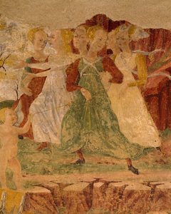 Desperation av pigor i Proserpine, detalj från Triumph of Ceres, scen från Augusti månad, tillskriven Cosimo Tura och Master of Ercole, fresk, norra väggen, Hall of Months, Palazzo Schifanoia (Palace of Joy), Ferrara, Italien, cirka 1470