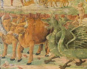 Drakar och bilder av livet på landsbygden, detalj från Triumph of Ceres, scen från Augusti månad, tillskriven Cosimo Tura (cirka 1430-1495) och Master of Ercole, fresk, norra väggen, Hall of Months, Palazzo Schifanoia (Palace of Joy) , Ferrara, Italien, ci