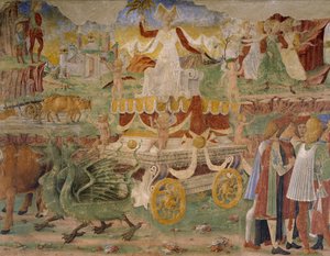 Triumf av Ceres, scen från augusti månad, tillskriven Cosimo Tura (cirka 1430-1495) och Master of Ercole, fresk, norra väggen, Hall of Months, Palazzo Schifanoia (Palace of Joy), Ferrara, Detail, Italien, cirka 1470