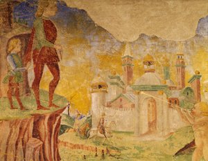 Triumf av Ceres, scen från augusti månad, tillskriven Cosimo Tura (cirka 1430-1495) och Master of Ercole, fresk, norra väggen, Hall of Months, Palazzo Schifanoia (Glädjepalatset), Ferrara, Detail, Italien, cirka 1470