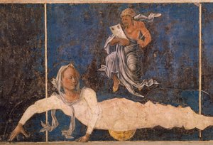 Jungfrun med dekanus, scen från augusti månad, ca 1470, tillskriven Cosimo Tura