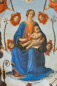 Madonna med barn i ära, Sankt Ambrosius, Sankt Franciskus av Assisi, Gud Fadern och änglarnas, Altartavla, detalj (fresk) av Cosimo Rosselli