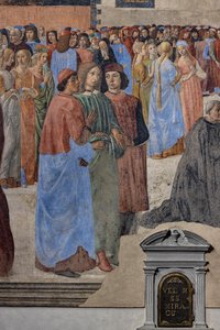 Gruppen av nyplatoniska humanister (från vänster, Marsilio Ficino, Giovanni Pico della Mirandola och Agnolo Poliziano): detalj av "Sakramentets mirakel", fresk (fresk)