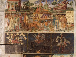 Triumf av Jupiter och Cybele och Lejonets tecken, scener från juli månad, fresk, norra väggen, Hall of Months, Palazzo Schifanoia (Glädjepalatset), Ferrara, Italien, cirka 1470