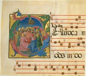 Manuskriptbelysning med jungfruns antagande i ett initialt G, 1450-60.